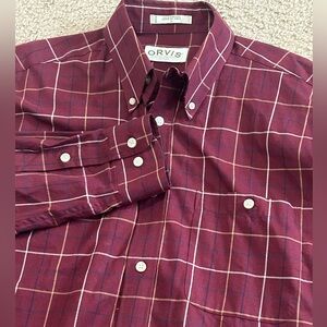 Orvis Size Large Burgundy Red Wrinkle Free Button Down Shirt Plaid Cotton